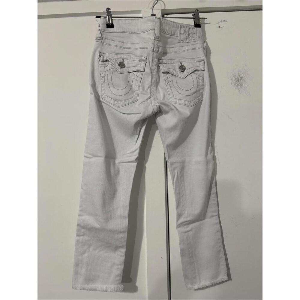 True Religion Halle Mid rise Cropped White Jeans Raw Hem Ladies 27 White Gray Tr
